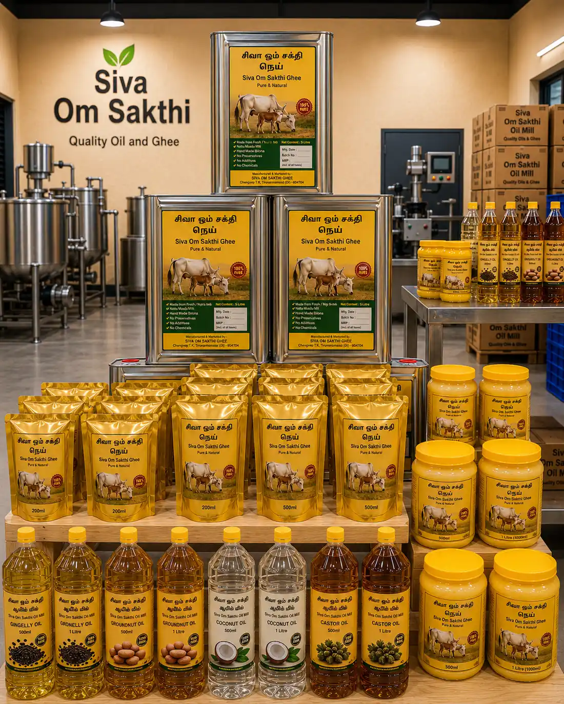 Illustrated collection of Siva Om Sakthi oils and ghee in a mill setting